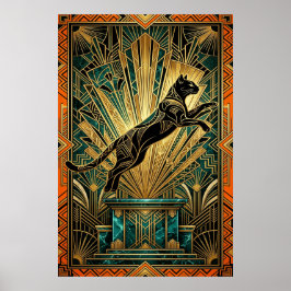 Art Deco springender goldener Luchs-Wandkunst Poster