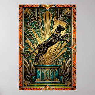 Art Deco springender goldener Luchs-Wandkunst Poster