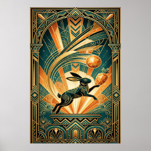 Art Deco springender Hase Gold & Türkis Kunst Poster