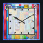 Art Deco Stained Glass 1 Quadratische Wanduhr<br><div class="desc">10.75” x 10.75” acrylic wall clock with an image of a stained glass artwork with Art Deco flair,  reminiscent of certain 1920s works. Easy-to-read clock face on white transparent square with thin black border. See the entire This & That Clock collection in the HOME section.</div>