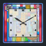 Art Deco Stained Glass 1 Quadratische Wanduhr<br><div class="desc">10.75” x 10.75” acrylic wall clock with an image of a stained glass artwork with Art Deco flair,  reminiscent of certain 1920s works. Easy-to-read clock face on white transparent square with thin black border. See the entire This & That Clock collection in the HOME section.</div>