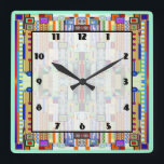 Art Deco Stained Glass 2 Quadratische Wanduhr<br><div class="desc">10.75” x 10.75” acrylic wall clock with an image of a stained glass artwork with Art Deco flair,  reminiscent of certain 1920s works. Green border. Easy-to-read clock face on white transparent square with thin black border. See the entire This & That Clock collection in the HOME section.</div>