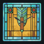 Art Deco Stained Glass 3 Square Wall Clock Quadratische Wanduhr<br><div class="desc">10.75” x 10.75” acrylic wall clock with an image of a stained glass artwork with Art Deco flair,  reminiscent of certain 1920s works. Black orbs mark the 12,  3,  6 and 9 positions. See the entire This & That Clock collection in the HOME section.</div>