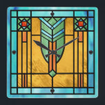 Art Deco Stained Glass 3 Square Wall Clock Quadratische Wanduhr<br><div class="desc">10.75” x 10.75” acrylic wall clock with an image of a stained glass artwork with Art Deco flair, reminiscent of certain 1920s works. Black orbs mark the 12, 3, 6 and 9 positions. See the entire This & That Clock collection in the HOME section.</div>