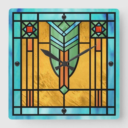 Art Deco Stained Glass 3 Square Wall Clock Quadratische Wanduhr (Vorderseite)