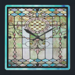 Art Deco Stained Glass 4 Quadratische Wanduhr<br><div class="desc">10.75” x 10.75” acrylic wall clock with an image of intricate Art Deco stained glass in pink,  blue and green. Black orbs mark the 12,  3,  6,  and 9 positions. See the entire Roaring 20s Clock collection in the DECOR | Clocks section.</div>