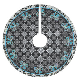 Art Deco Star Blume Schwarz - Weiß mit blauen Böge Fleece Weihnachtsbaumdecke