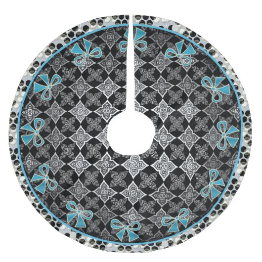 Art Deco Star Blume Schwarz - Weiß mit blauen Böge Fleece Weihnachtsbaumdecke (Vorderseite)