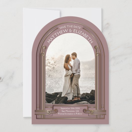 Art Deco Staubrose Bronze Bogen Save the Date Einladung (Vorderseite)