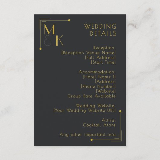 Art Deco Stil 1920 Hochzeitsdetails Schwarzes Gold Begleitkarte (Vorderseite)