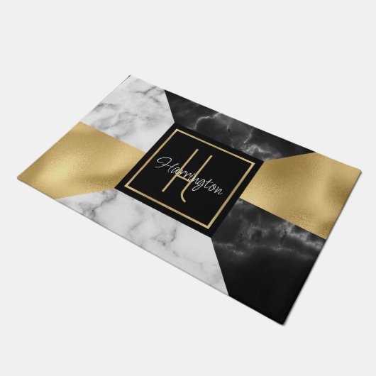 Art-Déco-Stil Marmor und Gold Mit Monogramm Fußmatte (Schrägansicht)