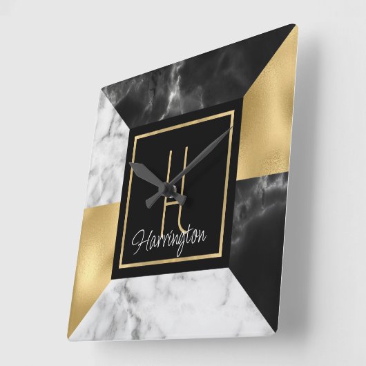 Art-Déco-Stil Marmor und Gold Mit Monogramm Quadratische Wanduhr (Winkel)