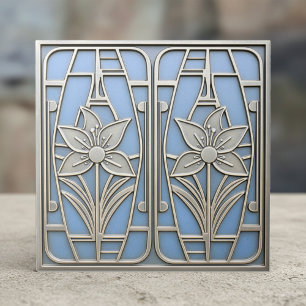 Art Deco stilisierte Lilie Floral #10 Blau ID1196 Fliese