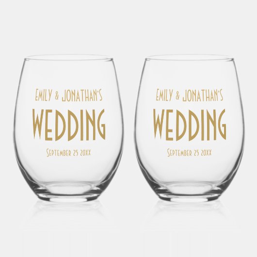 Art-Deco-Stilnamen Datum Hochzeit Weinglas Ohne Stiel (Vorderseite)
