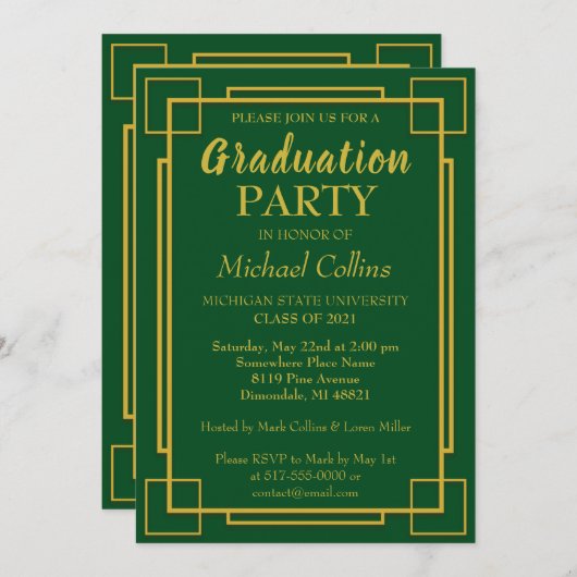 Art Deco Stilvolle Gold Border Einladung (Vorne/Hinten)