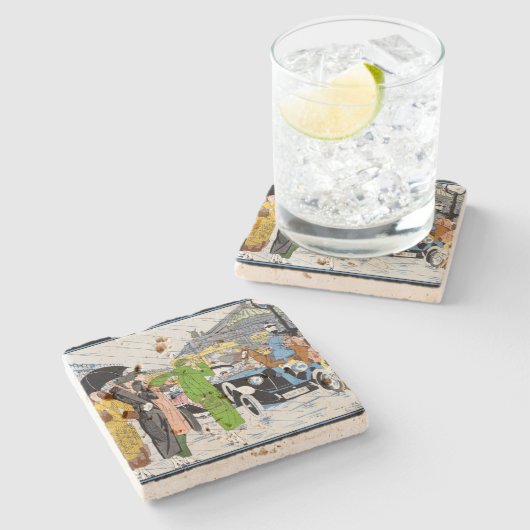 Art Deco Street Szene Steinuntersetzer (Seitenansicht)