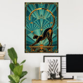 Art Deco Stretching Black Cat Wall Art Poster (Heimbüro)