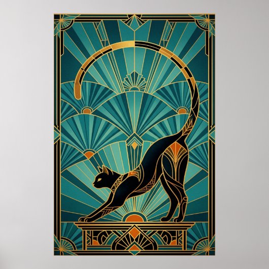 Art Deco Stretching Black Cat Wall Art Poster (Vorne)