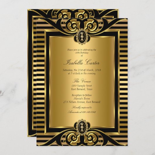 Art Deco Strip Gold Black Birthday Party 2 Einladung (Vorne/Hinten)
