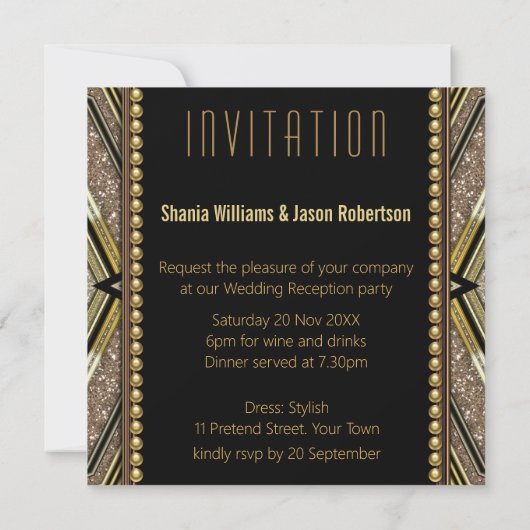 Art Deco Style Black Gold Hochzeitsempfang Einladu Einladung (Rückseite)