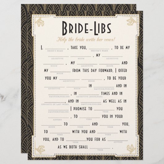 Art Deco Style Bride Libs Game (Vorne/Hinten)