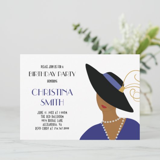 Art Deco Style Girl in Black Hat Birthday Party Einladung (Stehend Vorderseite)