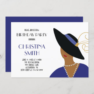 Art Deco Style Girl in Black Hat Birthday Party Einladung