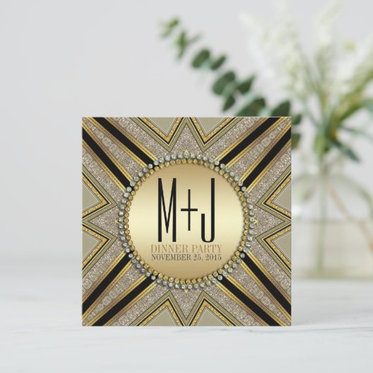 Art Deco Style Taupe Gold Dinner Party Einladung (Stehend Vorderseite)