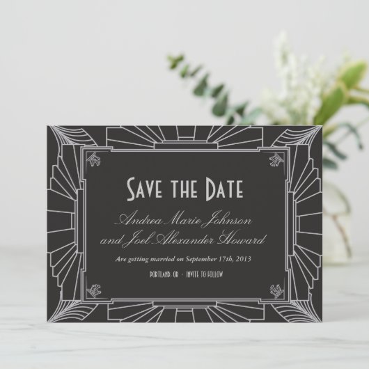 Art Deco Style Wedding Save the Date (Silver) (Stehend Vorderseite)