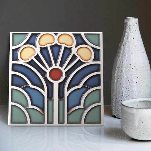 Art Deco Stylized Sunburst Tree Tile Fliese