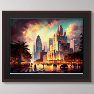Art Deco Südflorida Stadt-Skyline-Szene Poster