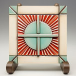 Art Deco Sun und Kreuz in Korallen Aquamarin Fliese<br><div class="desc">Diese exquisite Kachel präsentiert ein Art-Déco-inspiriertes Design, das eine harmonische Mischung aus geometrischen Formen und kühnen Farben darstellt. Die Kachel weist ein stilisiertes Sonnenburstmotiv in der Mitte auf, geteilt durch klare Linien, die ein Gefühl von Ordnung und Symmetrie schaffen. Die Farbpalette ist eine geschmackvolle Mischung aus aquamariner und koraler Farbe,...</div>