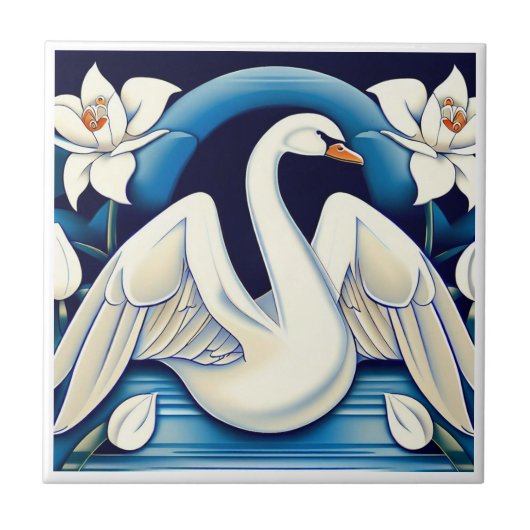Art Deco Swan und Lilies Fliese (Vorderseite)