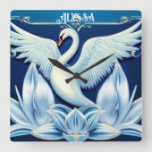 Art Deco Swan und Lilies Throw Kissen Quadratische Wanduhr (Vorderseite)