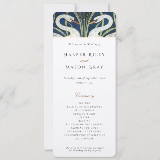 Art Deco Swan Wedding Zeremonie Programm (Vorderseite)