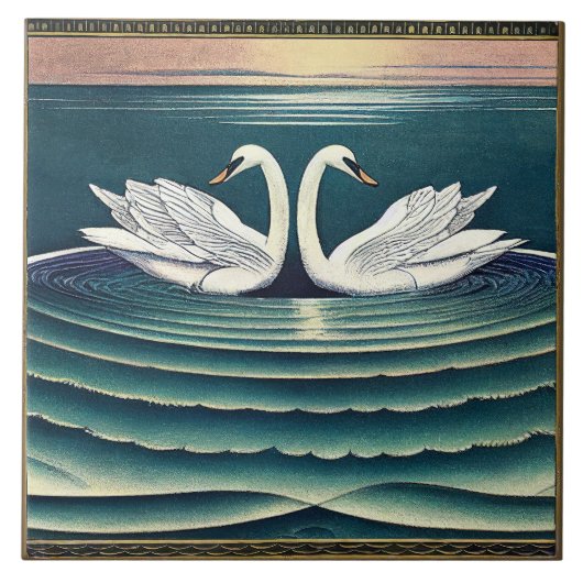 Art Deco Swans Wand Deco Jugendstil Schweizer Kera Fliese (Vorderseite)