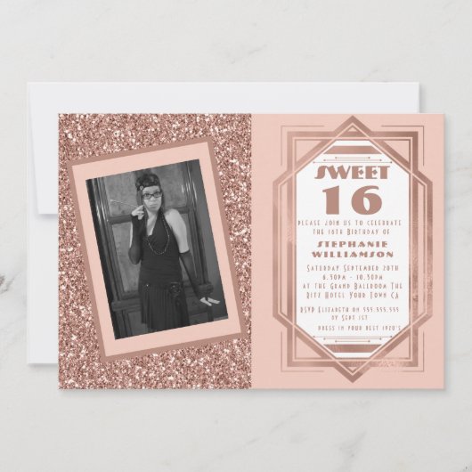 Art Deco Sweet 16 Rose Gold Glitzer Gatsby Foto Einladung (Vorderseite)