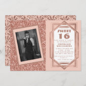 Art Deco Sweet 16 Rose Gold Glitzer Gatsby Foto Einladung (Vorne/Hinten)