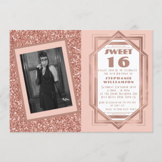Art Deco Sweet 16 Rose Gold Glitzer Gatsby Foto Einladung