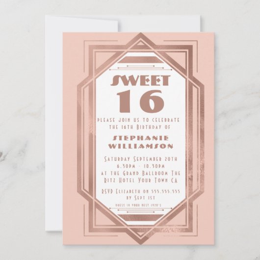 Art Deco Sweet 16 Rose Gold und Blush Pink Gatsby Einladung (Vorderseite)