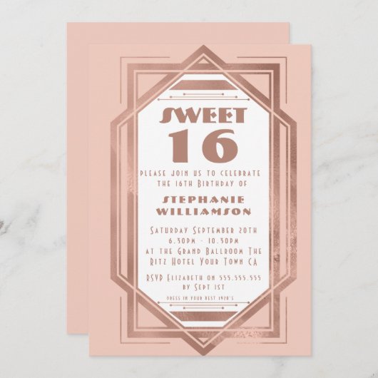 Art Deco Sweet 16 Rose Gold und Blush Pink Gatsby Einladung (Vorne/Hinten)