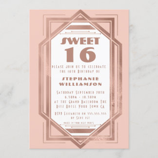 Art Deco Sweet 16 Rose Gold und Blush Pink Gatsby Einladung