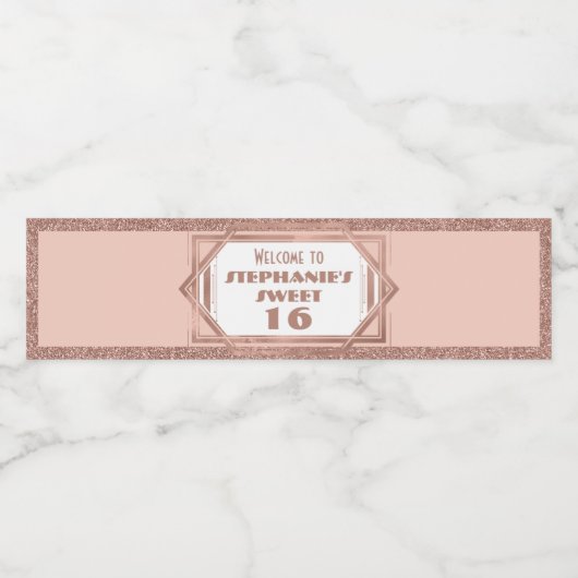 Art Deco Sweet 16 Rose Gold und Blush Pink Gefalle Wasserflaschenetikett (Einzelnes Label)