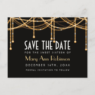 Art Deco Sweet 16 Save the Date Gold String Lights Ankündigungspostkarte