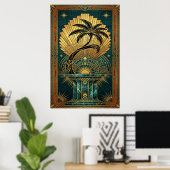 Art Deco Symmetrical Tree of Life Gold Teal Poster (Heimbüro)