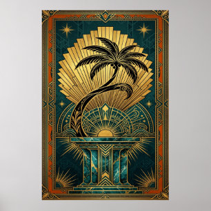 Art Deco Symmetrischer Baum des Lebens Gold Türkis Poster