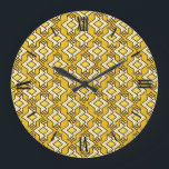 Art Deco Tapete Muster, Mustard Gold Große Wanduhr<br><div class="desc">Art Deco geometrische Tapeten Muster in Creme,  Schwarz und Gold auf einem tiefen Senfgold / gelben Hintergrund</div>