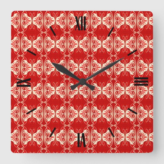 Art Deco Tapete Muster - rot und weiß Quadratische Wanduhr (Vorderseite)