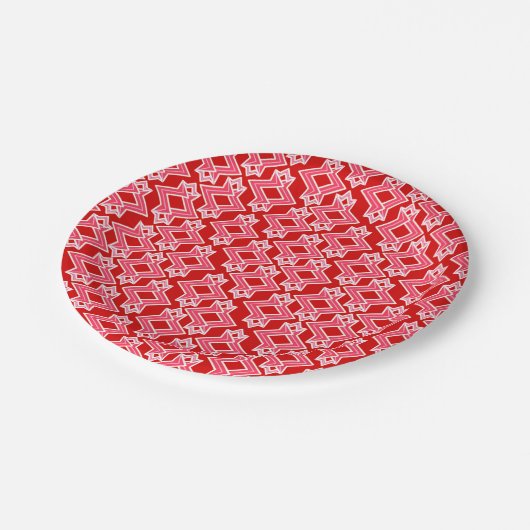 Art-Deco-Tapeten-Muster, dunkelrot und rosa Pappteller (Schrägansicht)