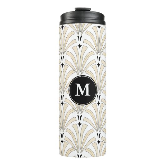 Art Deco Taupe & White Palmettos | Monogramm Thermosbecher (Vorderseite)